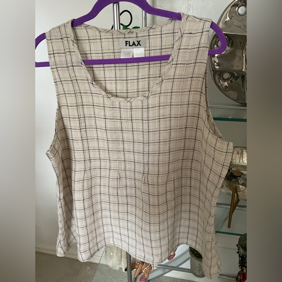 Flax Tops - Flax Cream Plaid Linen Sleeveless Top